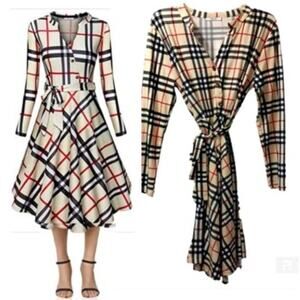 Diphi LiLi Plaid Dress Sz XL Tan Black V-Neck Button Down Fit & Flare Preppy VNT
